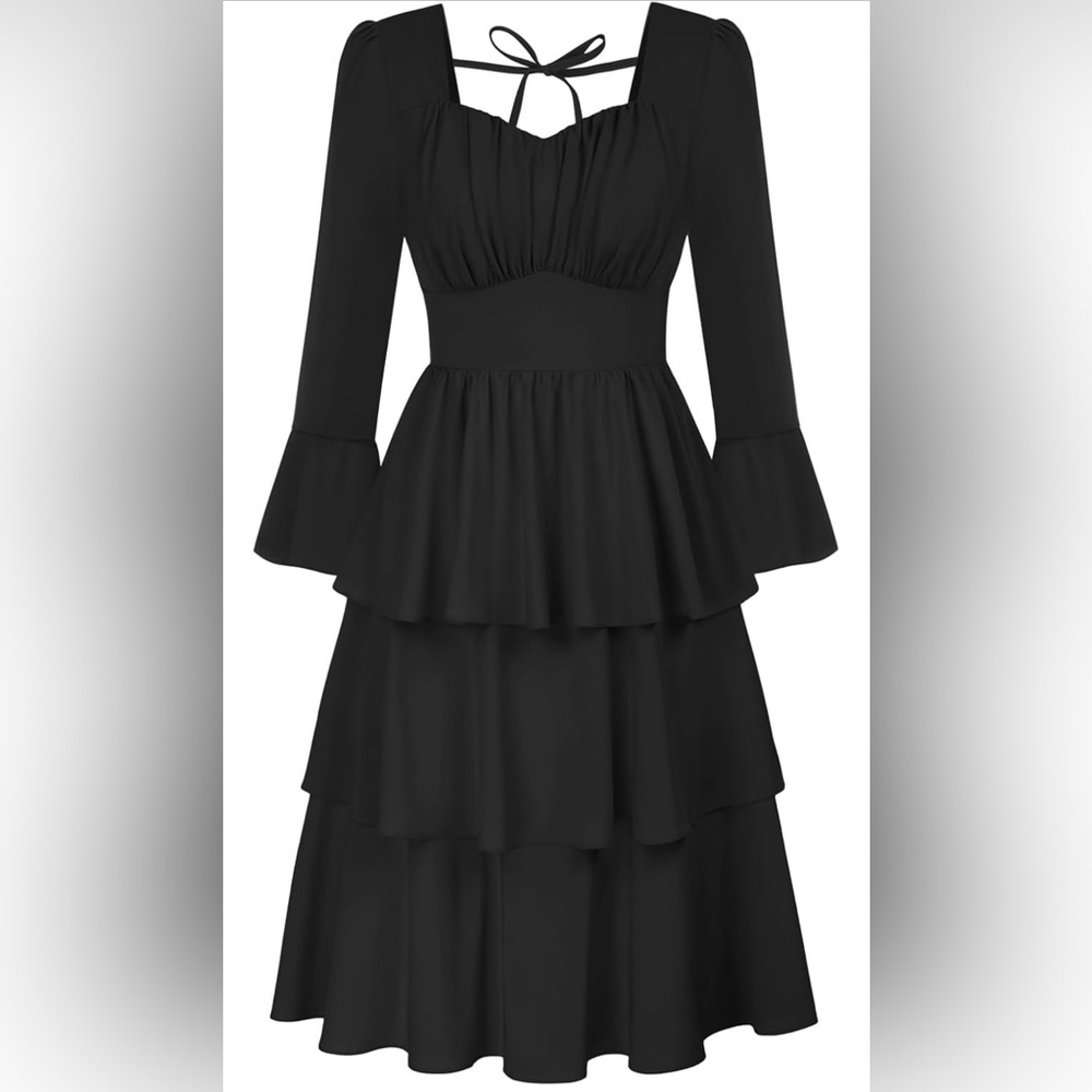 Women's Black Long-Sleeve Tiered Peplum Midi Dress